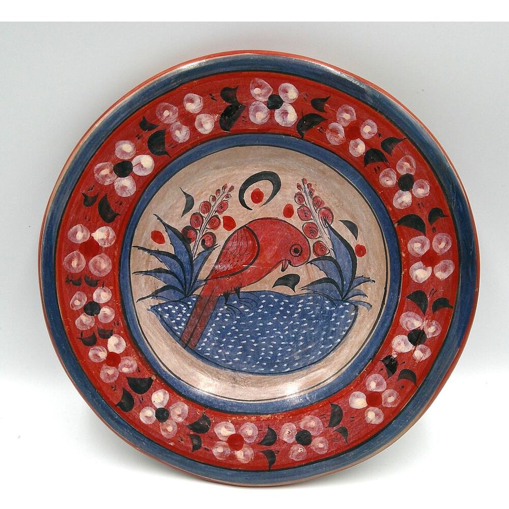 Mexican Tonala Folk Art Pottery 9" Wall Plate Hand Paint Red Clay Bird Sign JOSE